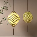 Illuminated Woven Bamboo Lanterns In Diamond And Round Shapes With Bamboo Branches