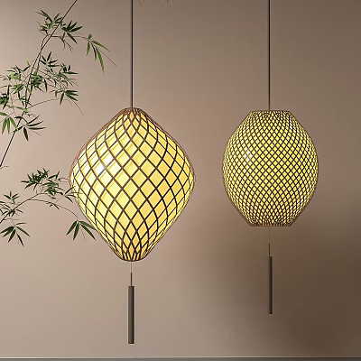 Illuminated Woven Bamboo Lanterns In Diamond And Round Shapes With Bamboo Branches 3d model