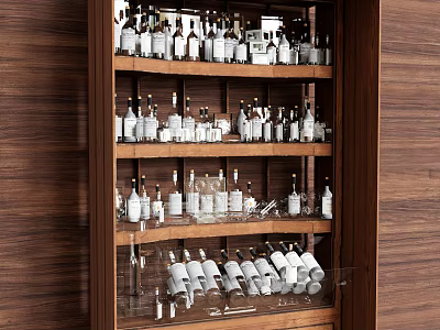 Wine Bottles and Glasses Neatly Displayed on Multiple Shelves in Wooden Cabinet 3d model