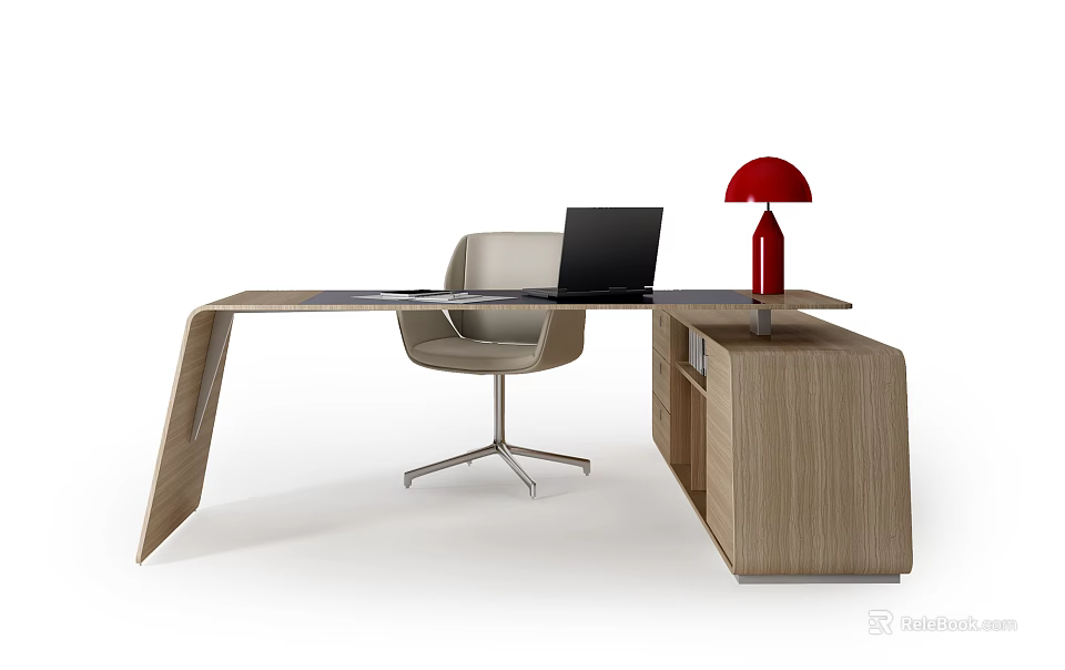 Modern Wooden Office Desk with Laptop Red Table Lamp Chair and Storage Cabinet 3d model 