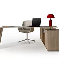 Modern Wooden Office Desk with Laptop Red Table Lamp Chair and Storage Cabinet