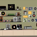 Vintage Digital Audio Equipment Display With Turntable Radio And Vinyl Records Collection
