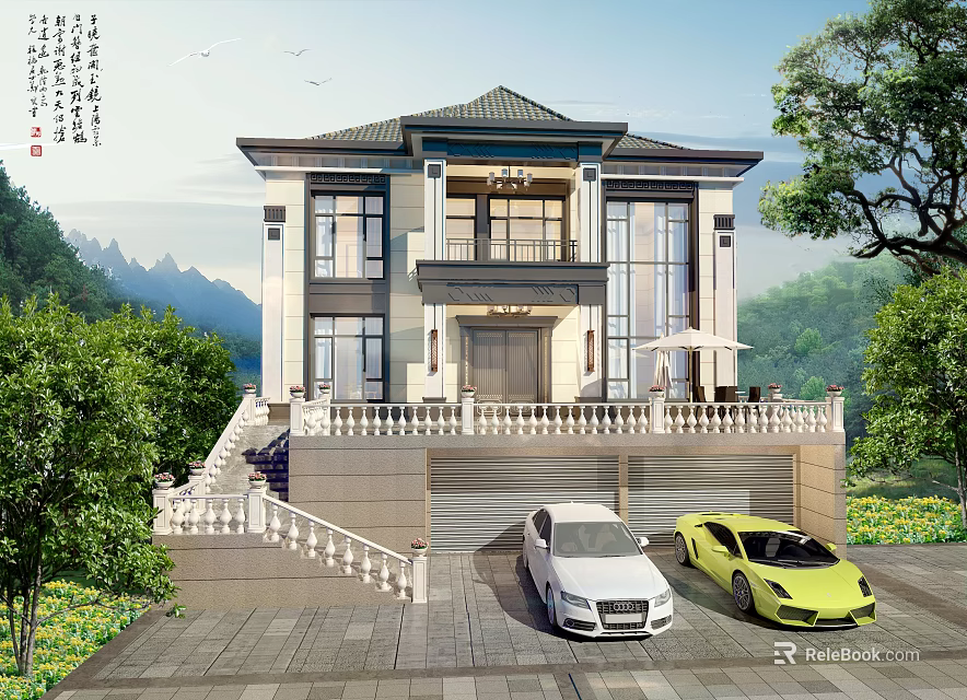 Two Story Detached Villa Exterior Design With Balcony Stairs And Parked Cars 3d model 