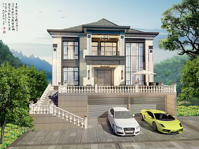 Two Story Detached Villa Exterior Design With Balcony Stairs And Parked Cars 3d model