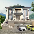 Two Story Detached Villa Exterior Design With Balcony Stairs And Parked Cars