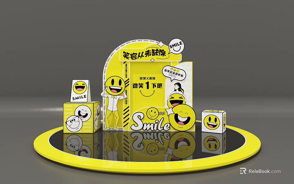 Yellow Smile Themed Photo Check In Spot With Smile Face Decorations And Yellow Cubes 3d model 