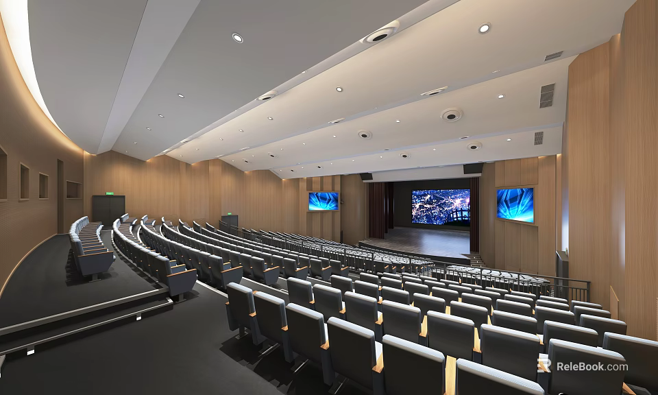 Modern Spacious Conference Room With Rows Of Seats Dual Screens And Wooden Walls 3d model 