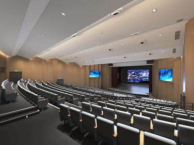 Modern Spacious Conference Room With Rows Of Seats Dual Screens And Wooden Walls 3d model