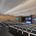 Modern Spacious Conference Room With Rows Of Seats Dual Screens And Wooden Walls