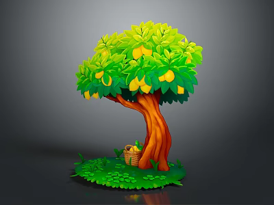 Cartoon Scene of Tree With Yellow Fruits Brown Trunk and Basket on Green Grass 3d model