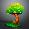 Cartoon Scene of Tree With Yellow Fruits Brown Trunk and Basket on Green Grass