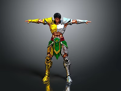 Muscular Armored Character With Yellow Green Armor And Outstretched Arms 3d model