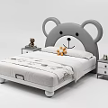 Kids Bed With Bear Shaped Headboard Gray White Light Bedding And Nightstands With Stuffed Toys