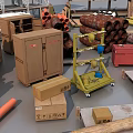 Industrial Equipment Components Including Metal Frames Storage Racks Pipes And Wooden Crates