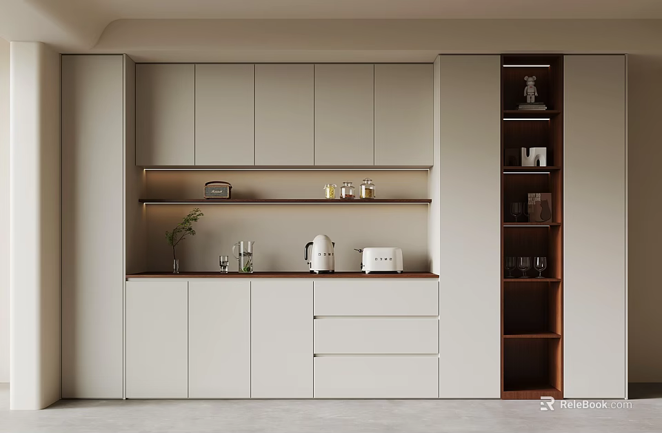 Modern Storage Cabinet Interior With White Cabinets Drawers Open Shelves And Decorative Items 3d model 