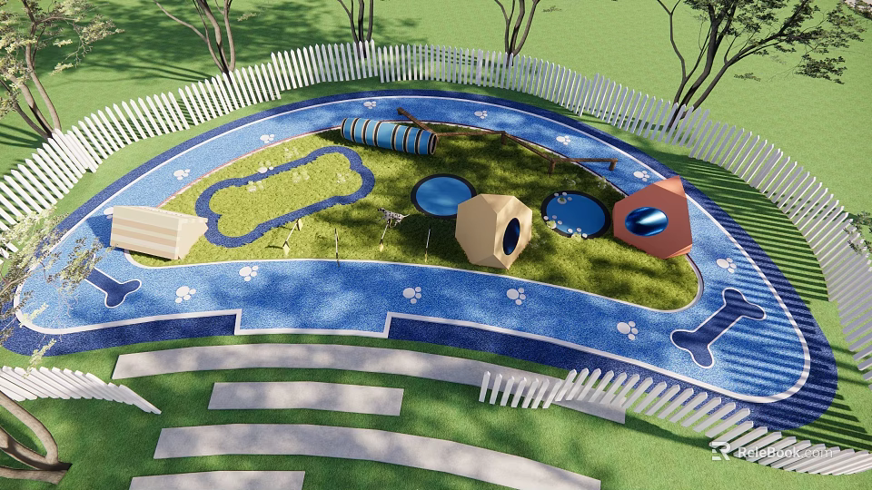 Residential Landscape With Pet Play Area White Picket Fence Blue Ground And Paw Prints 3d model 