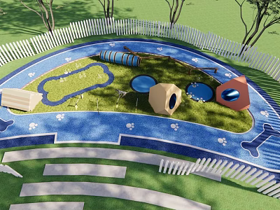 Residential Landscape With Pet Play Area White Picket Fence Blue Ground And Paw Prints 3d model