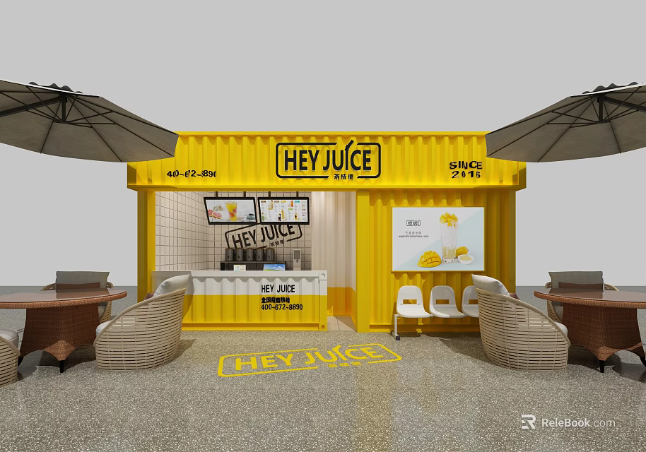 HEY JUICE Yellow Container Style Outdoor Milk Tea Shop With Tables Chairs And Umbrellas 3d model 