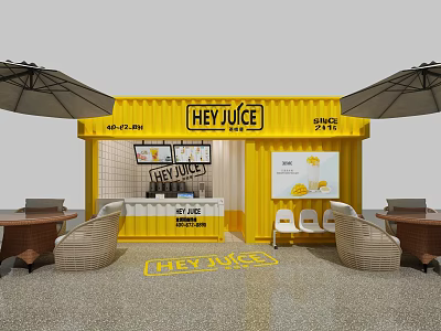 HEY JUICE Yellow Container Style Outdoor Milk Tea Shop With Tables Chairs And Umbrellas 3d model