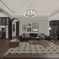 Modern Dining and Living Room with Green Sofa Throw Pillows Wooden Coffee Table and Chandelier