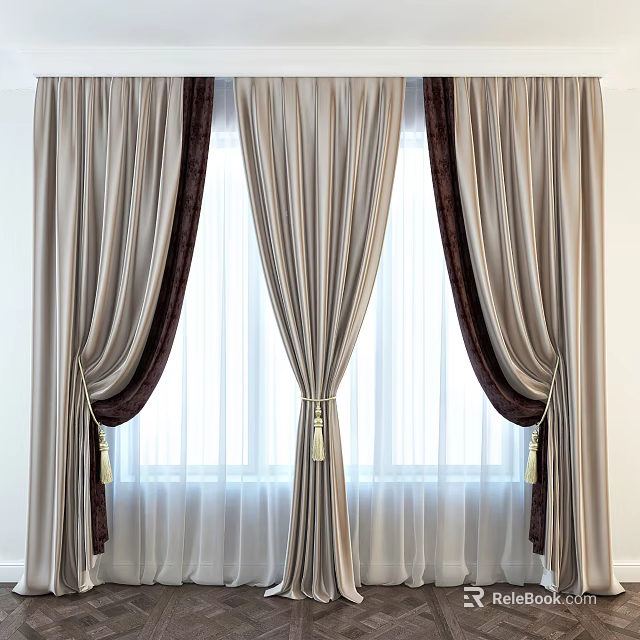 Elegant Beige Curtains With Dark Brown Accents And White Sheer Tiebacks 3d model 