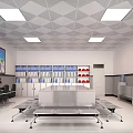 Modern Meeting Room Interior With Geometric Ceiling Square Lights Large Windows Green View And Colorful Display Screen