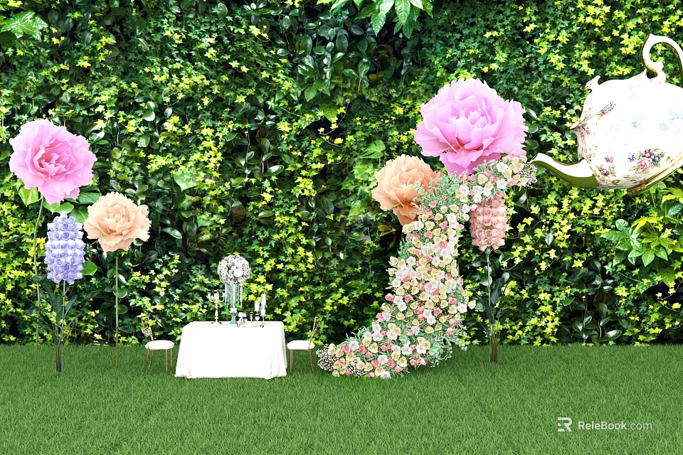 Beautiful Tea Break Area With Green Plant Wall And Colorful Flower Decorations On Grass Lawn 3d model 