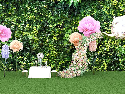 Beautiful Tea Break Area With Green Plant Wall And Colorful Flower Decorations On Grass Lawn 3d model