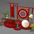 Traditional Chinese Floral Display With Red Decorative Frames Patterned Screen Green Plants And Yellow Flowers