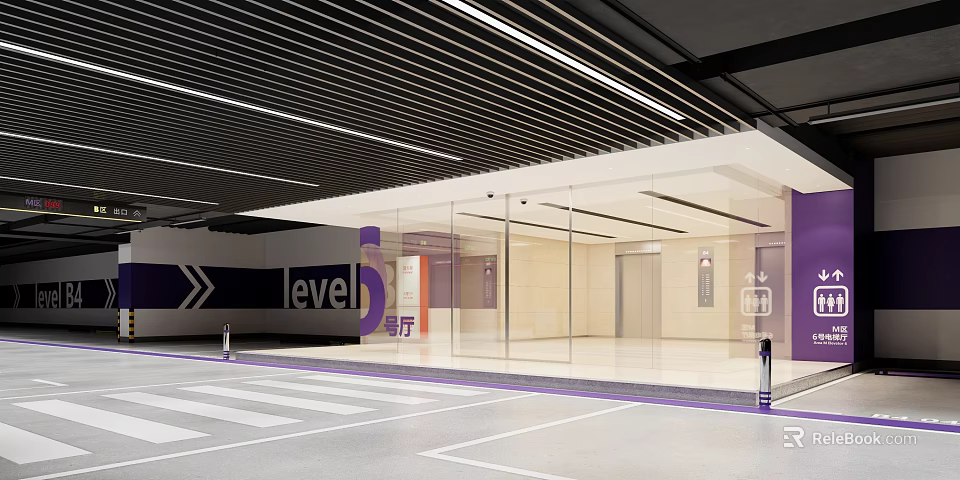 Modern Garage Interior Design With Glass Doors Elevators And Purple Level Signage 3d model 