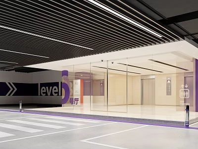 Modern Garage Interior Design With Glass Doors Elevators And Purple Level Signage 3d model