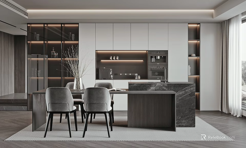 Modern Restaurant Interior Design With Dining Table Chairs Marble Counter And Lighting 3d model