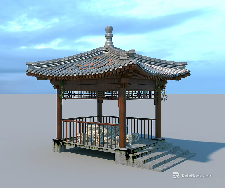 Chinese Traditional Pavilion With Classic Tiled Roof Overhanging Eaves Carved Railings And Stone Steps 3d model 
