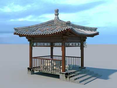 Chinese Traditional Pavilion With Classic Tiled Roof Overhanging Eaves Carved Railings And Stone Steps 3d model