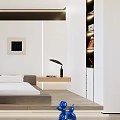 Modern Bedroom Interior With Platform Bed Framed Artwork Pendant Lighting And Wooden Floor