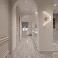 Modern Bathroom Interior With Double Mirrors Marble Countertop White Cabinets And Laundry Appliances