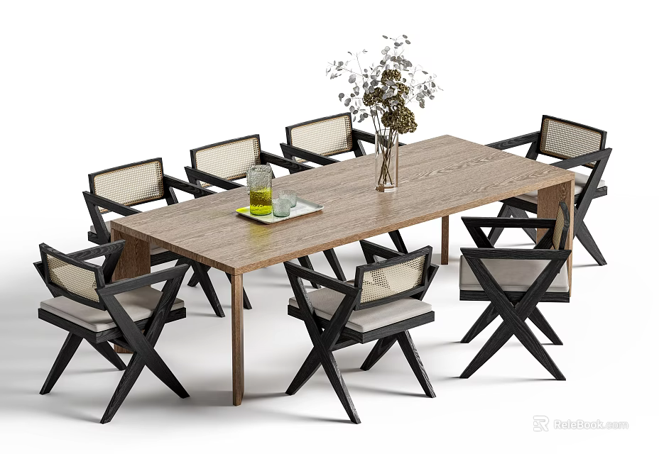Wooden Dining Table Set With Black Frame Beige Seats Chairs And Dried Plant Vase 3d model 