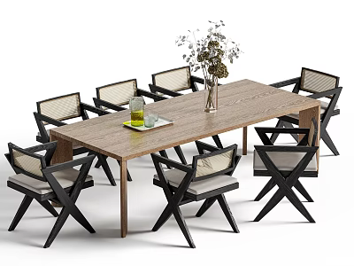 Wooden Dining Table Set With Black Frame Beige Seats Chairs And Dried Plant Vase 3d model