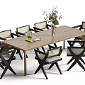 Wooden Dining Table Set With Black Frame Beige Seats Chairs And Dried Plant Vase