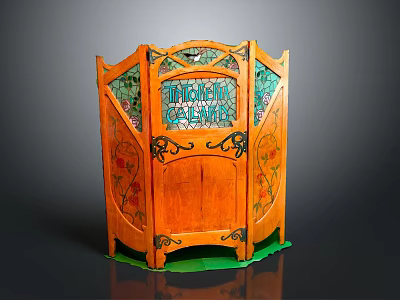 Decorative Household Screen With Wooden Frame Stained Glass Panels And Floral Patterns 3d model