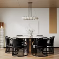 Elegant Modern Dining Room with Round Table Black Rattan Chairs Pendant Light and Herringbone Floor
