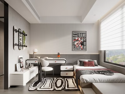 Kids Room Interior Design With Single Bed Study Desk Striped Wallpaper Area Rug And Wall Art 3d model
