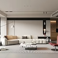 Modern Living and Dining Room Interior With Beige Sofa Coffee Table And Red Accent Chair