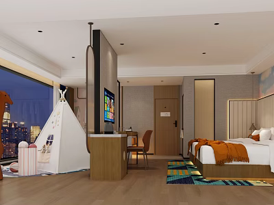 Hotel Room Modern Interior With Kids Teepee Flat Screen TV King Bed City View Window 3d model