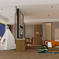 Hotel Room Modern Interior With Kids Teepee Flat Screen TV King Bed City View Window