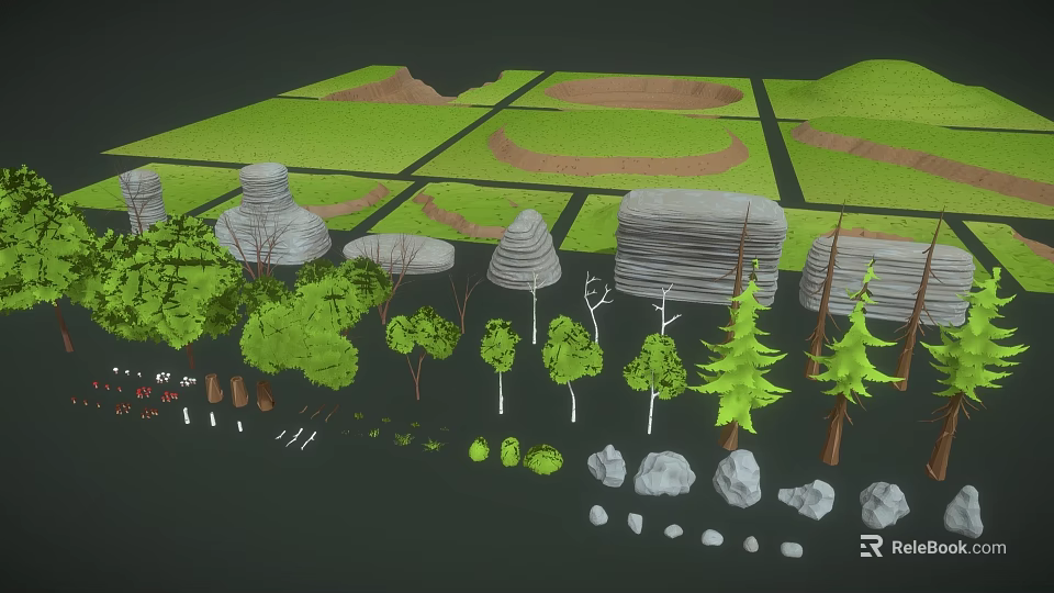 Cartoon Scene Featuring Green Terrain Various Shaped Trees Scattered Rocks And Divided Grass Plots 3d model 