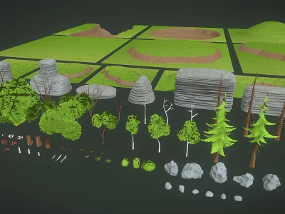 Cartoon Scene Featuring Green Terrain Various Shaped Trees Scattered Rocks And Divided Grass Plots 3d model
