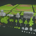 Cartoon Scene Featuring Green Terrain Various Shaped Trees Scattered Rocks And Divided Grass Plots