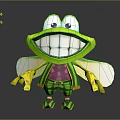 Cartoon Frog Character With Big Eyes Smiling Face Yellow Wings Green Pants And Purple Vest