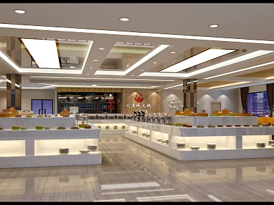 Spacious Modern Hotpot Restaurant Interior With Buffet Counters And Bright Lighting 3d model